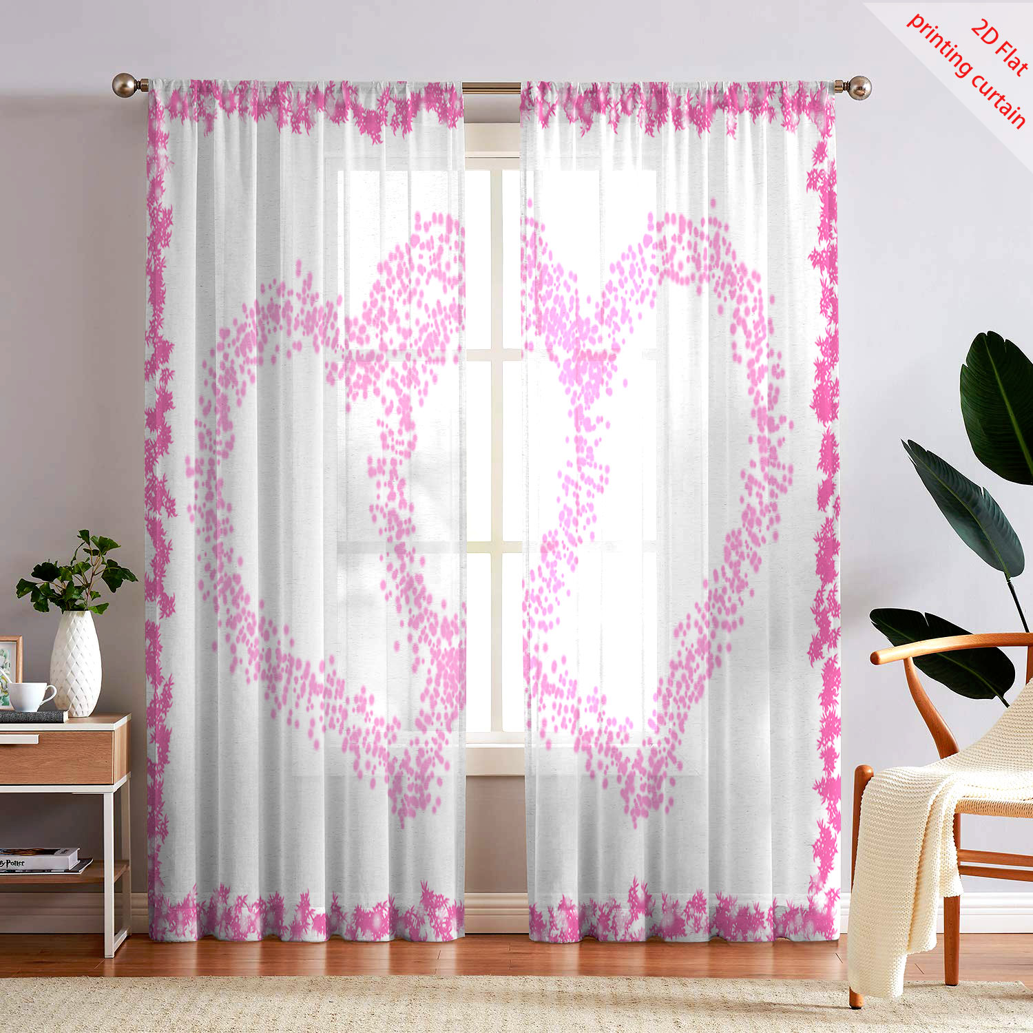 Home Office Rate - Heart shaped printed transparent gauze curtain,