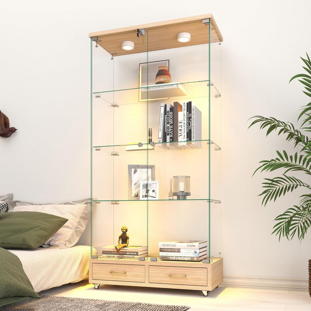 Home Office Free - 4-Tier Glass Cabinet with LED Lights,