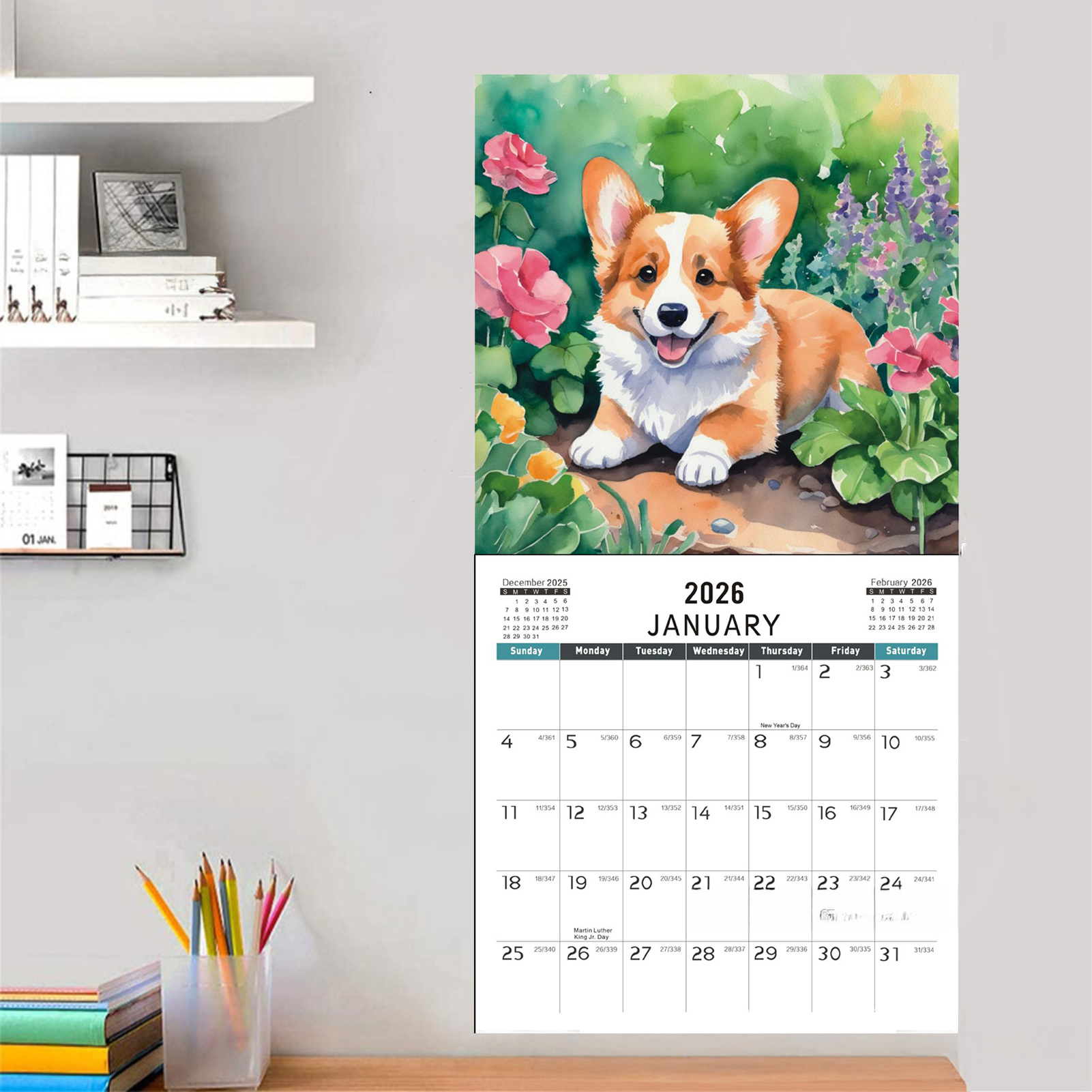 2026 Corgi Snow Day Calendar H - Home Office Holidays 2026 avaliação e preço