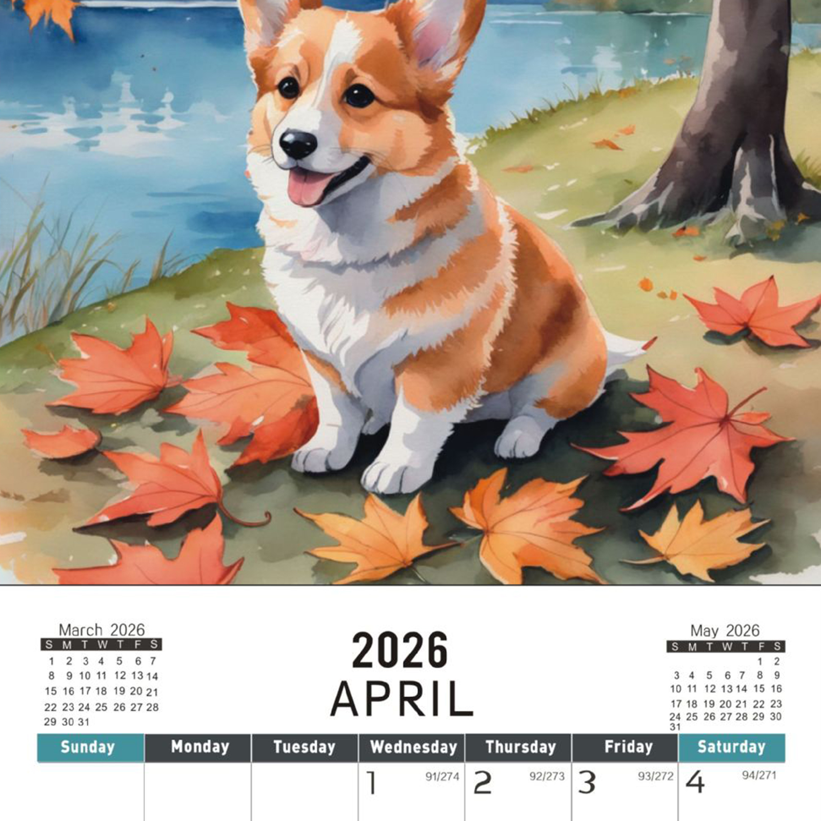 2026 Corgi Snow Day Calendar H - Home Office Holidays 2026 avaliação e preço