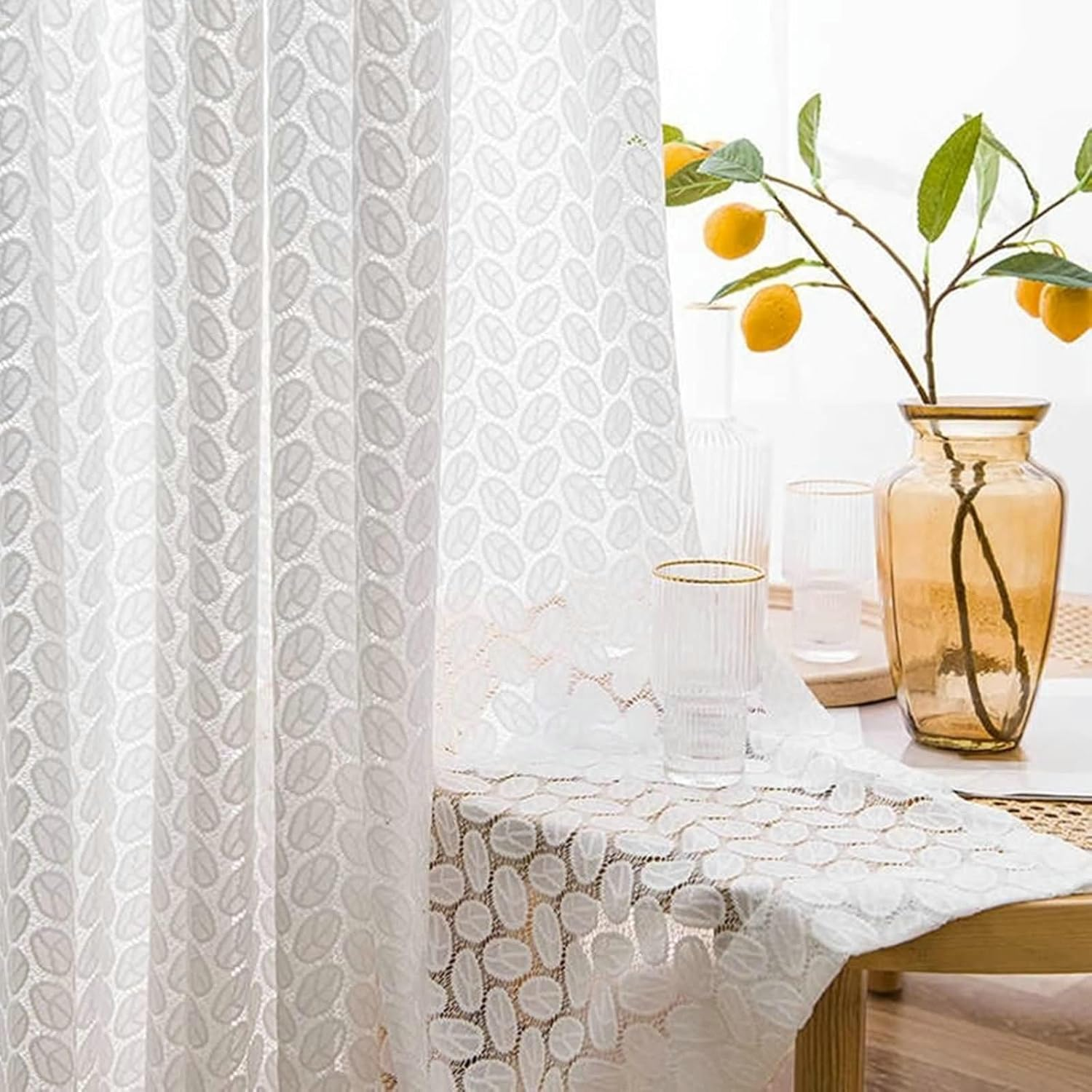 2PCS white leaf lace curtain,  - Home Office Rate avaliação e preço