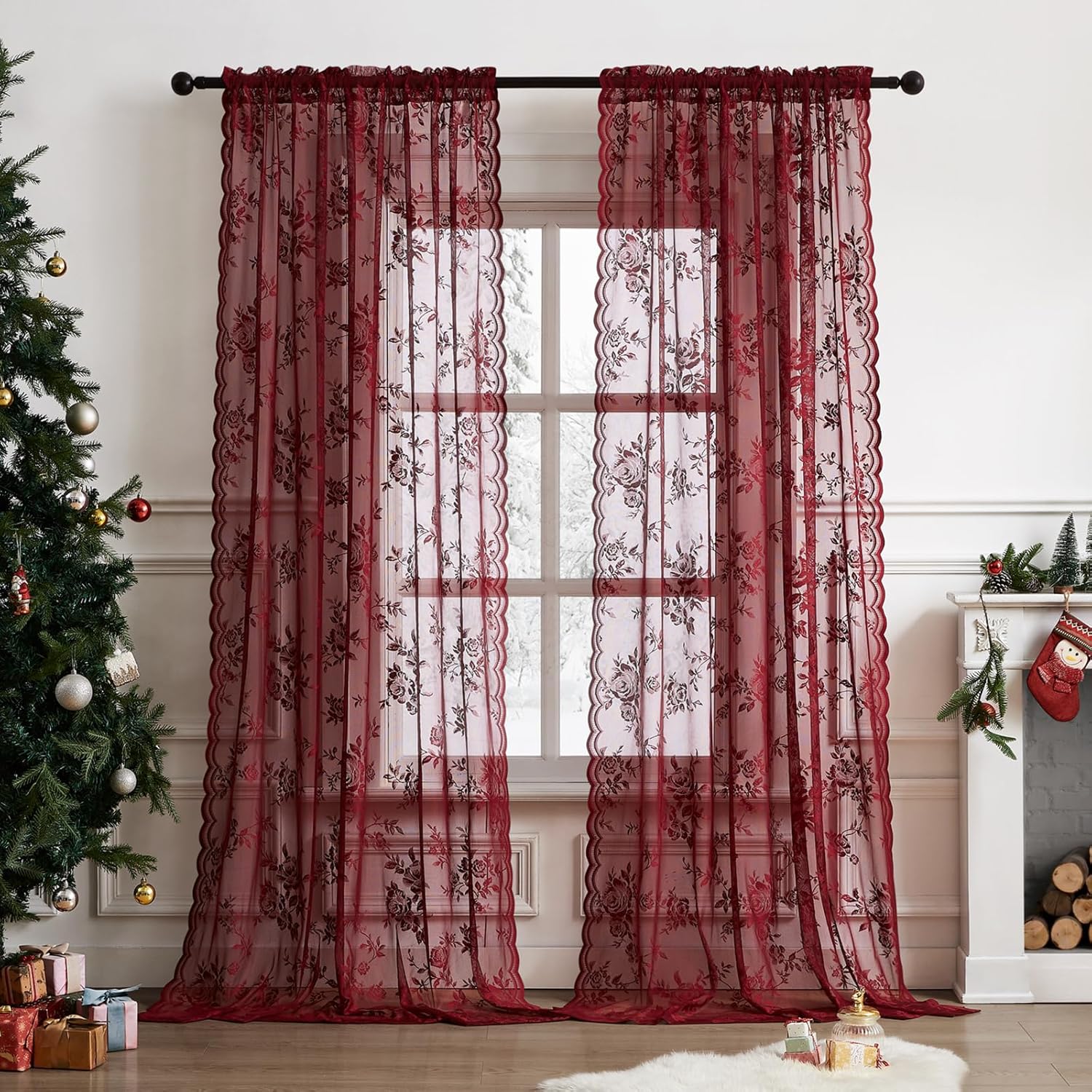 1 pc Burgundy Lace Curtains 45 - Home Office Rate avaliação e preço