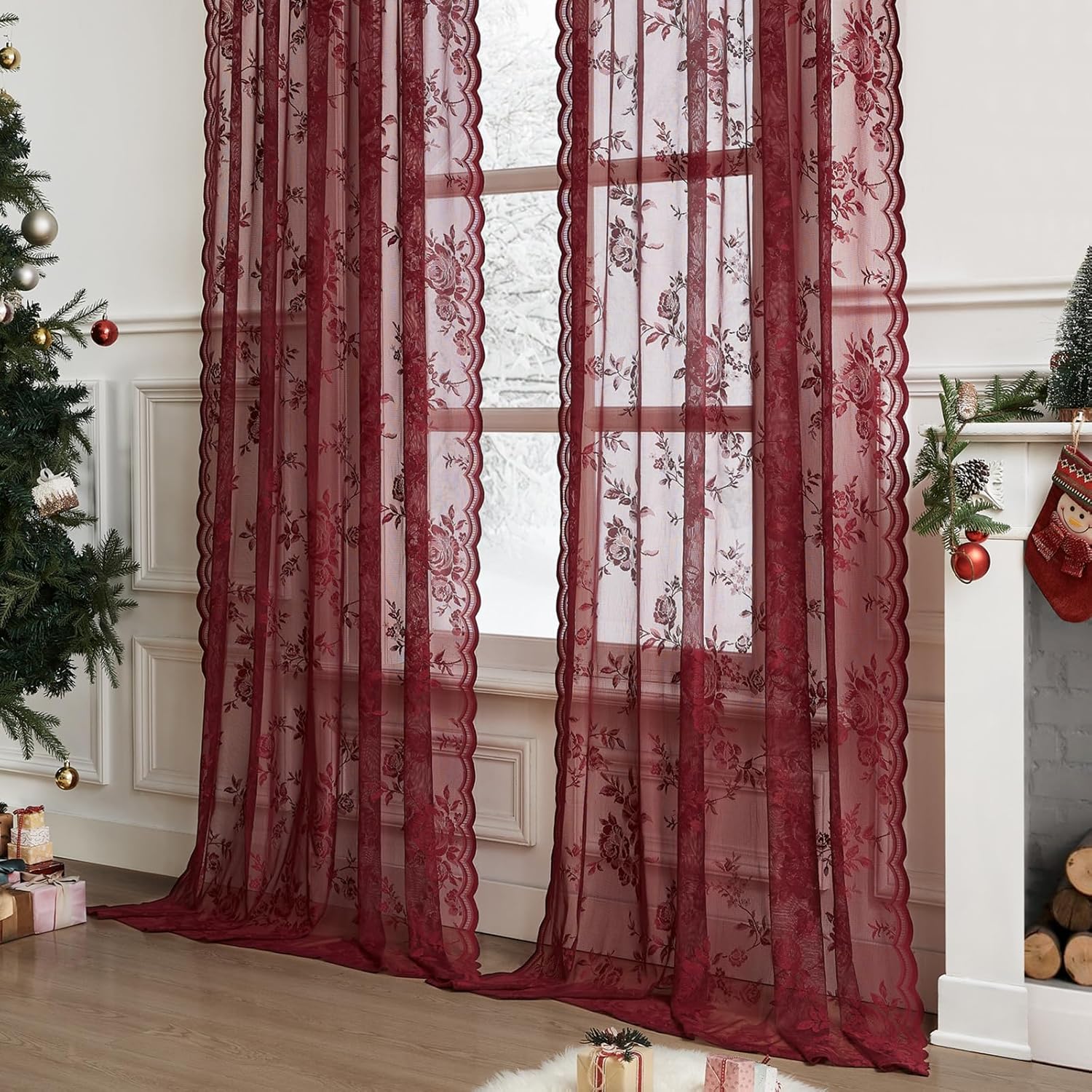 1 pc Burgundy Lace Curtains 45 - Home Office Rate avaliação e preço
